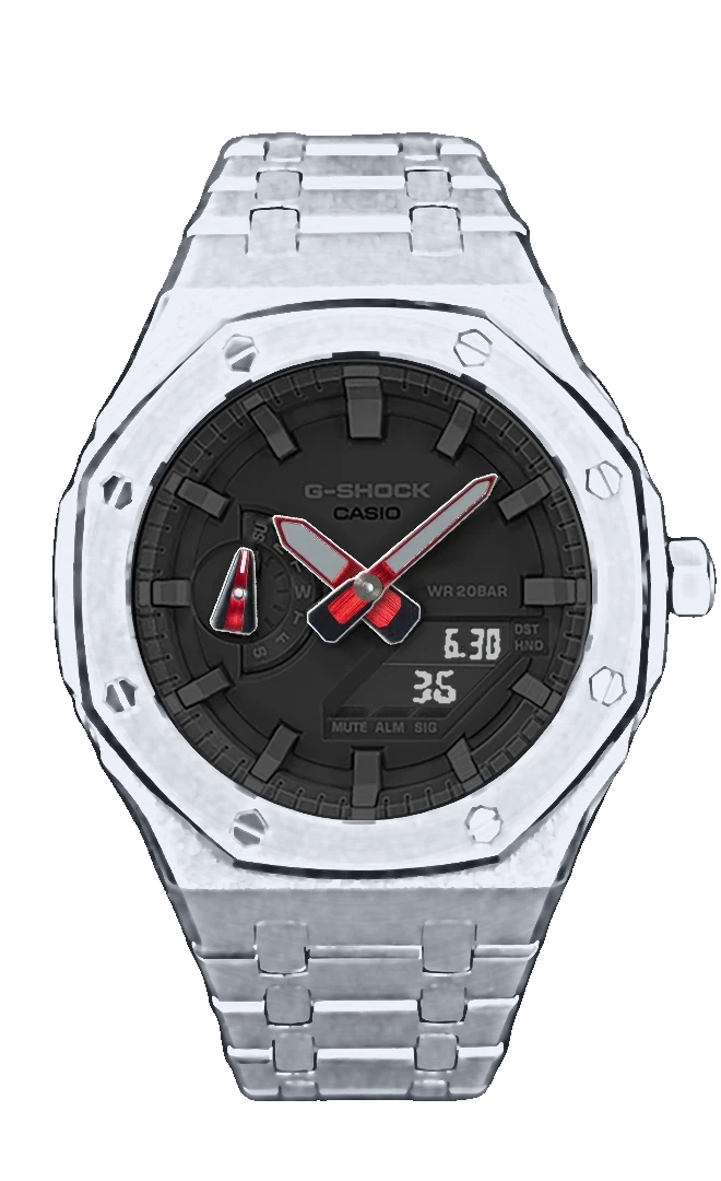 Steel CasiOak — black dial, red-silver hands